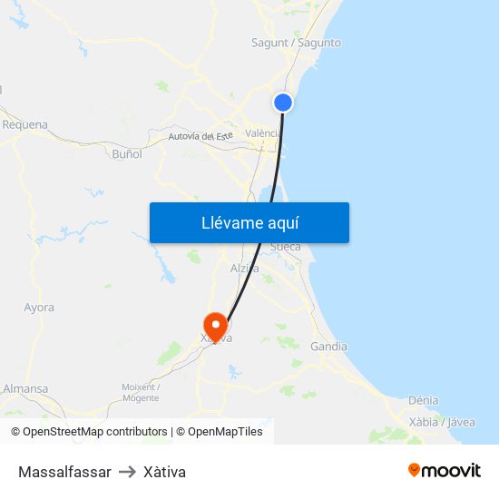Massalfassar to Xàtiva map