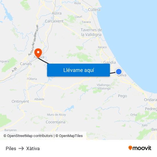 Piles to Xàtiva map