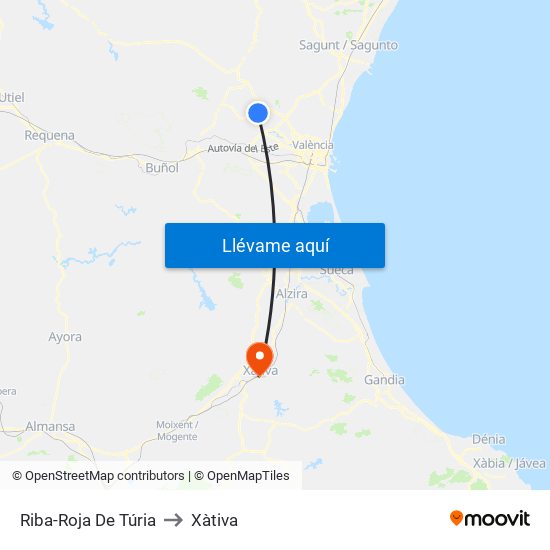 Riba-Roja De Túria to Xàtiva map