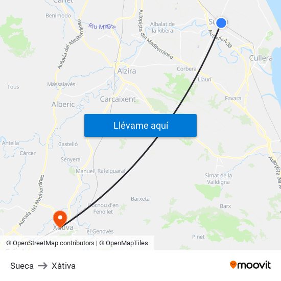 Sueca to Xàtiva map