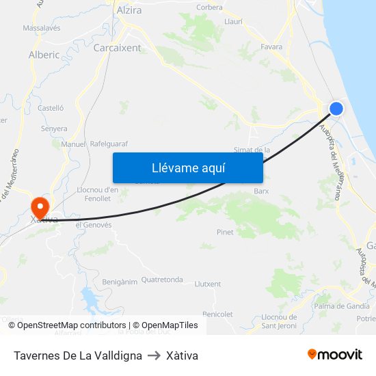 Tavernes De La Valldigna to Xàtiva map