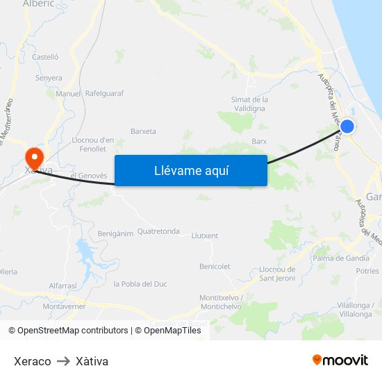 Xeraco to Xàtiva map