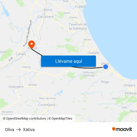 Oliva to Xàtiva map