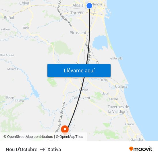 Nou D'Octubre to Xàtiva map