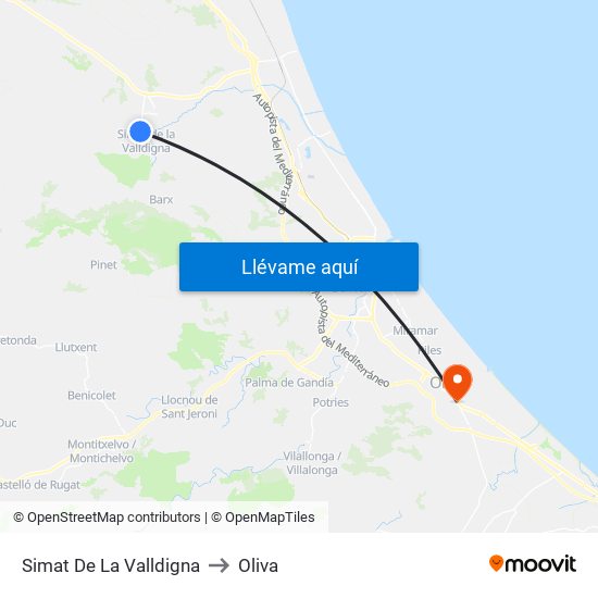 Simat De La Valldigna to Oliva map