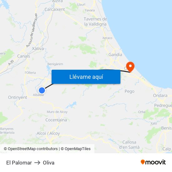 El Palomar to Oliva map