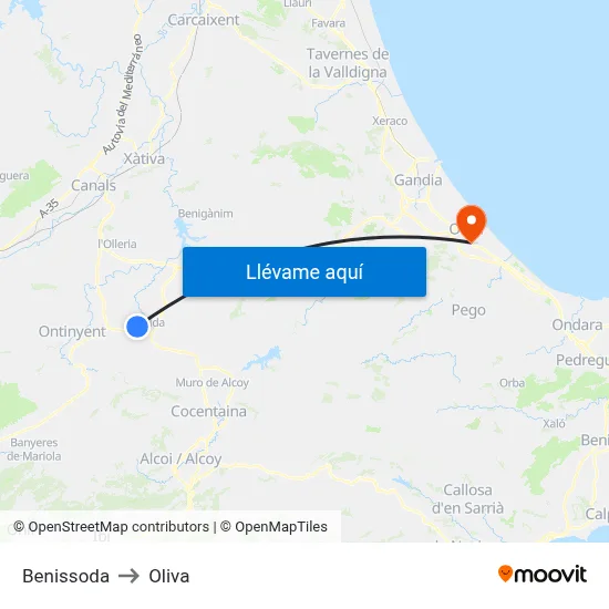 Benissoda to Oliva map