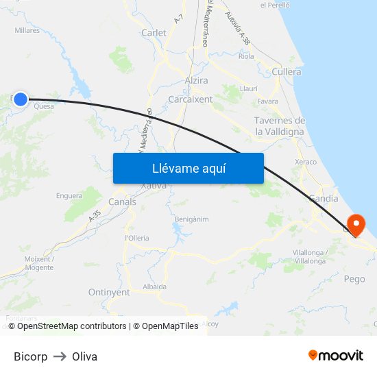 Bicorp to Oliva map
