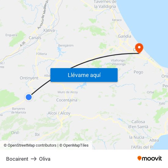 Bocairent to Oliva map
