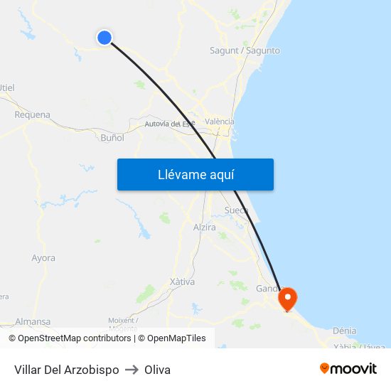 Villar Del Arzobispo to Oliva map