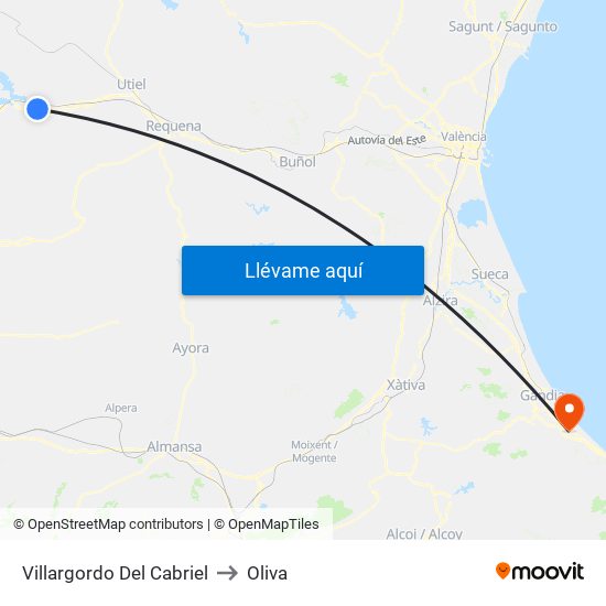 Villargordo Del Cabriel to Oliva map