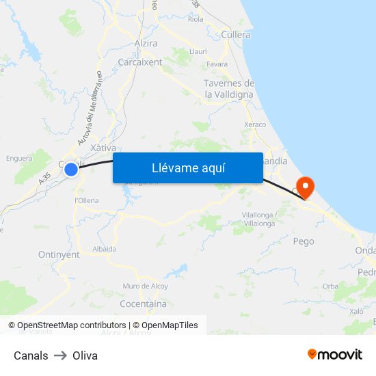 Canals to Oliva map