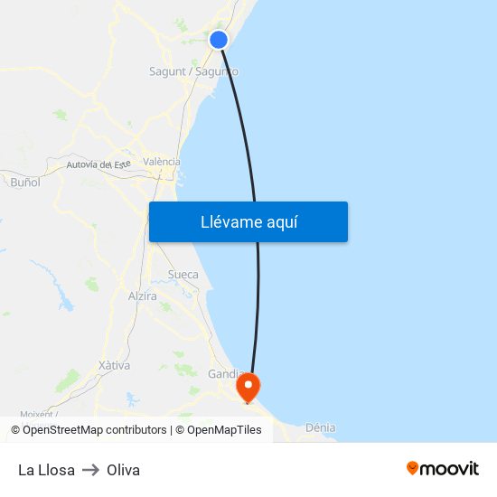 La Llosa to Oliva map