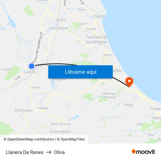 Llanera De Ranes to Oliva map