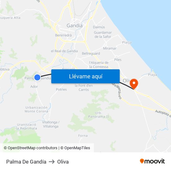 Palma De Gandía to Oliva map