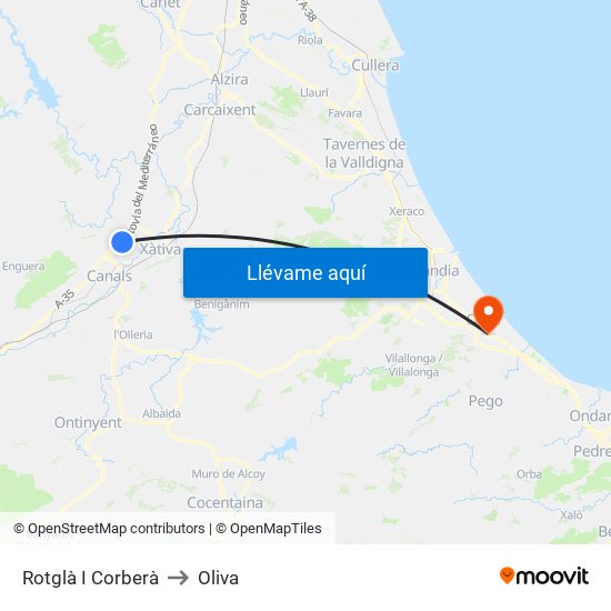 Rotglà I Corberà to Oliva map