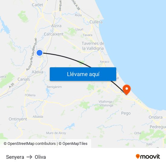Senyera to Oliva map