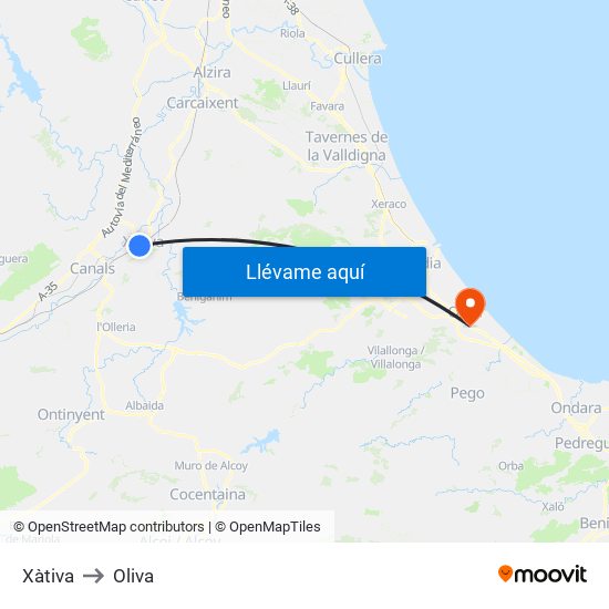 Xàtiva to Oliva map
