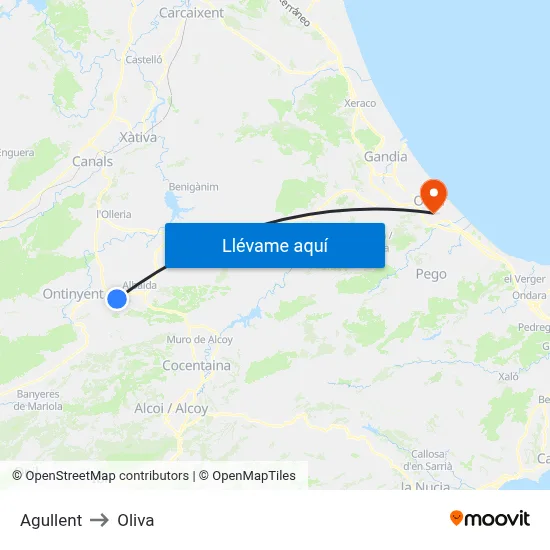 Agullent to Oliva map