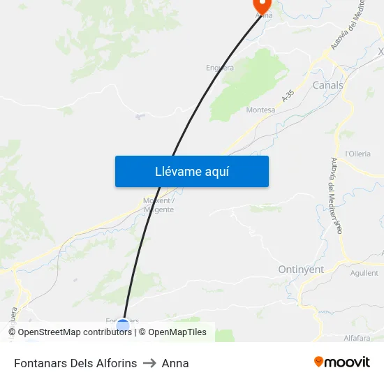 Fontanars Dels Alforins to Anna map
