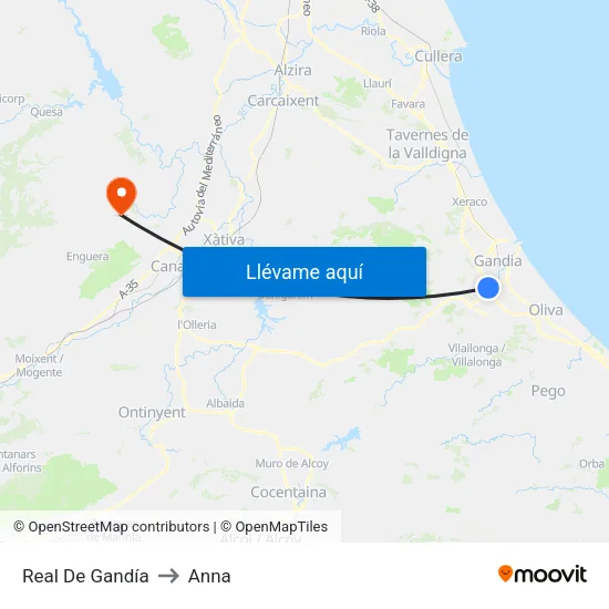 Real De Gandía to Anna map