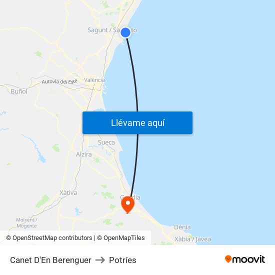 Canet D'En Berenguer to Potríes map