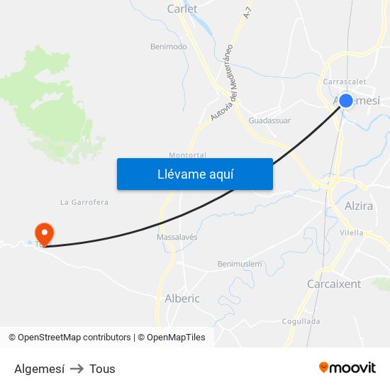 Algemesí to Tous map