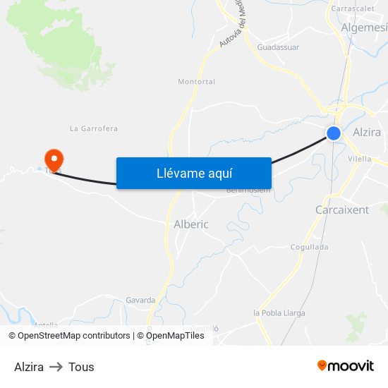 Alzira to Tous map