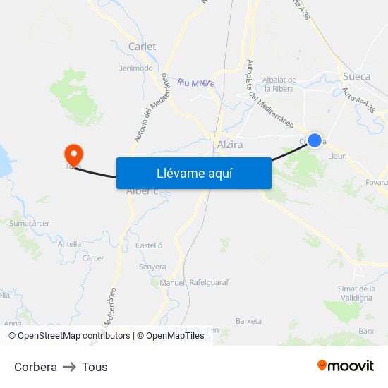 Corbera to Tous map