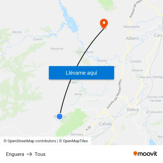 Enguera to Tous map