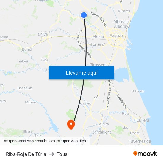Riba-Roja De Túria to Tous map