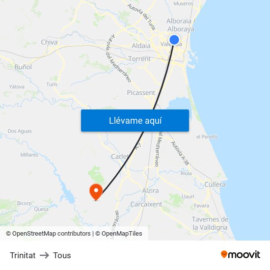 Trinitat to Tous map