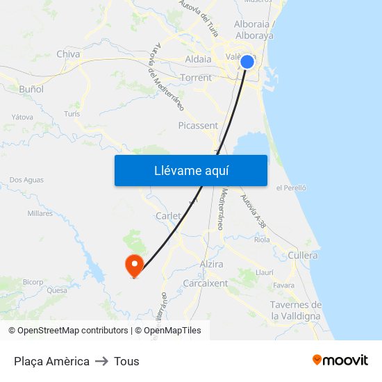 Plaça Amèrica to Tous map