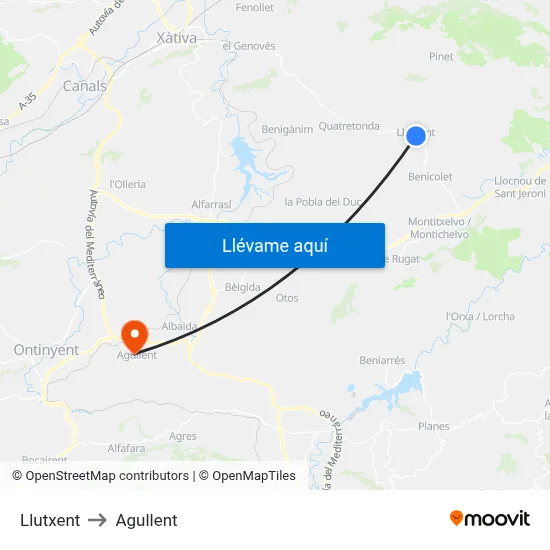 Llutxent to Agullent map