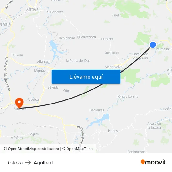Rótova to Agullent map