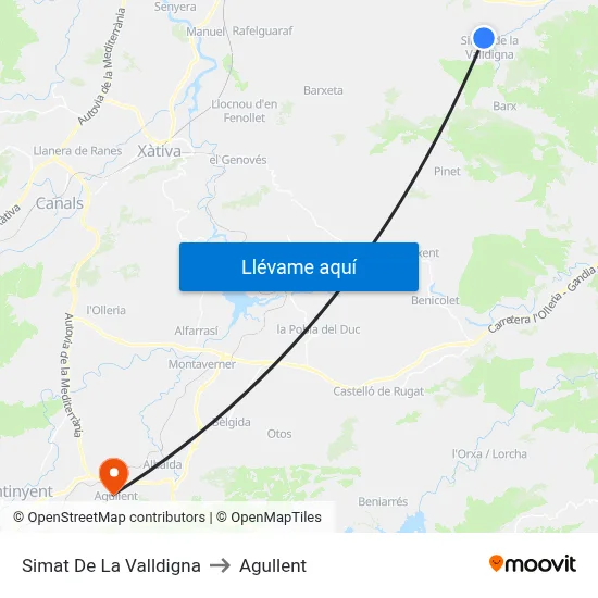Simat De La Valldigna to Agullent map
