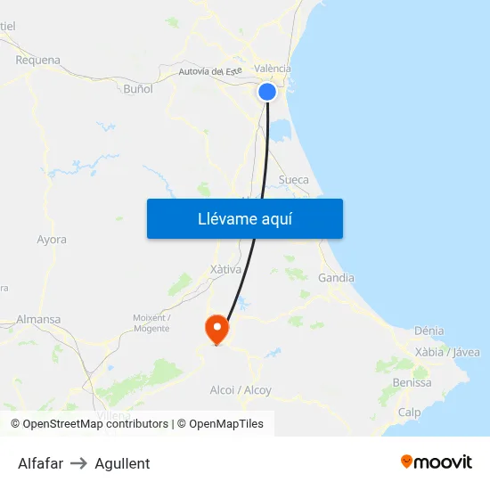 Alfafar to Agullent map