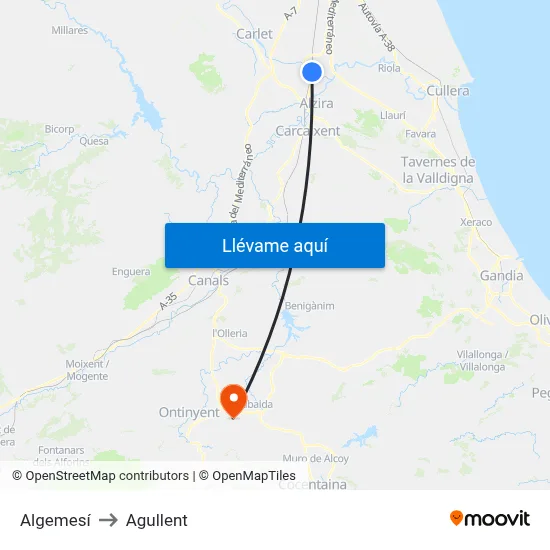 Algemesí to Agullent map