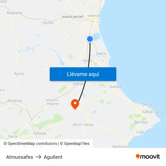 Almussafes to Agullent map