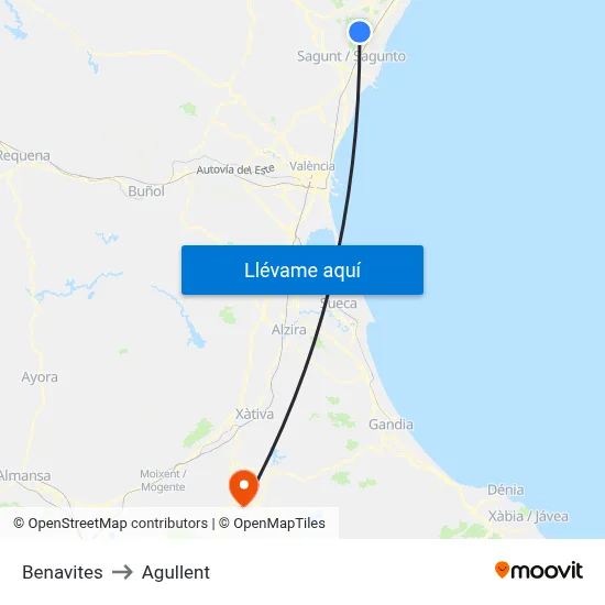 Benavites to Agullent map