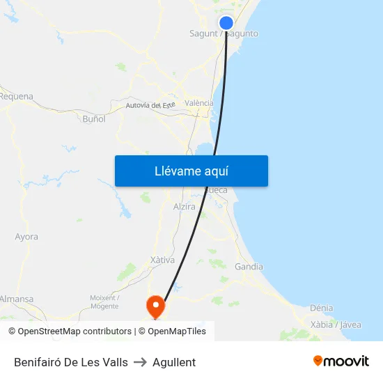 Benifairó De Les Valls to Agullent map