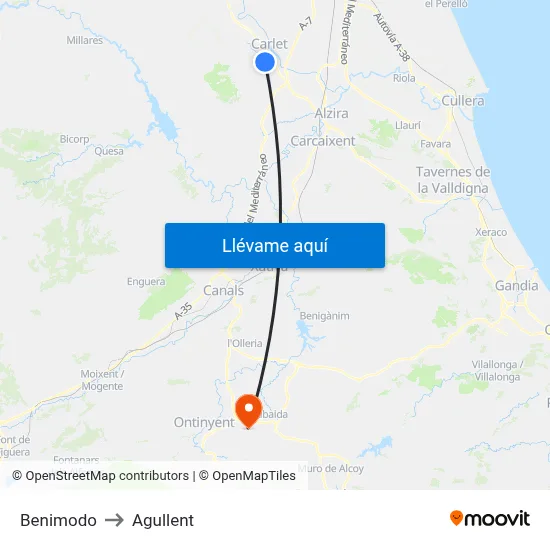Benimodo to Agullent map
