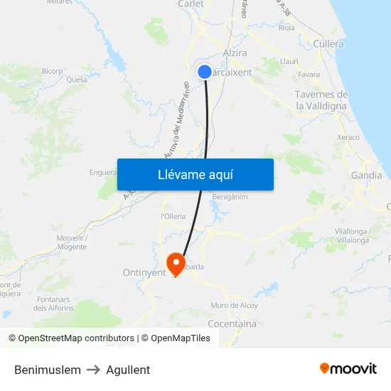 Benimuslem to Agullent map