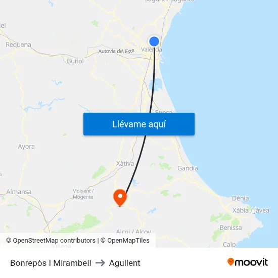Bonrepòs I Mirambell to Agullent map