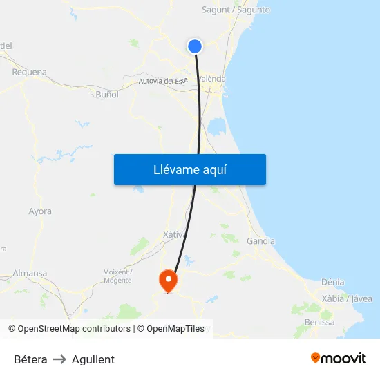 Bétera to Agullent map