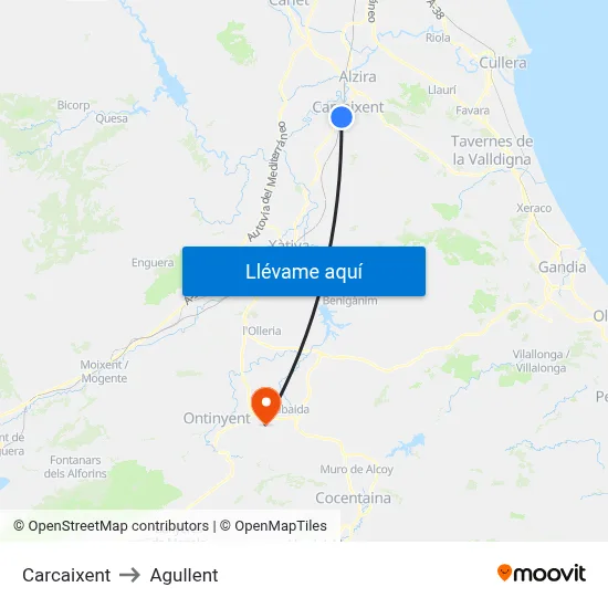 Carcaixent to Agullent map