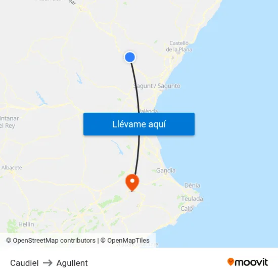 Caudiel to Agullent map