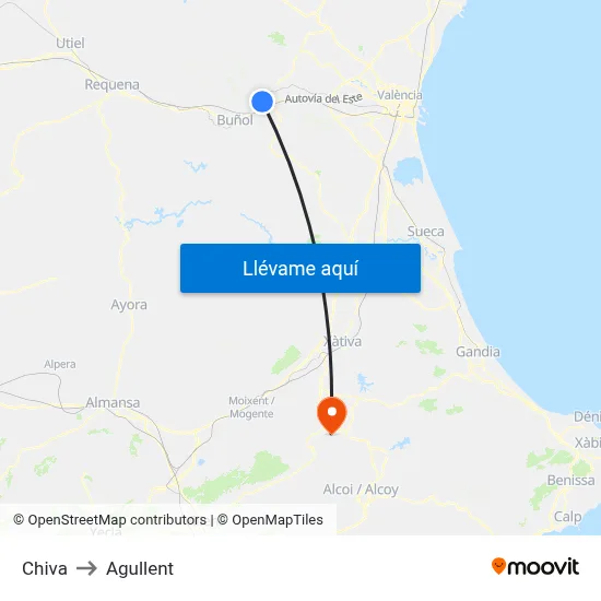 Chiva to Agullent map