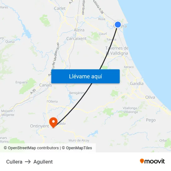 Cullera to Agullent map