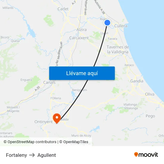 Fortaleny to Agullent map